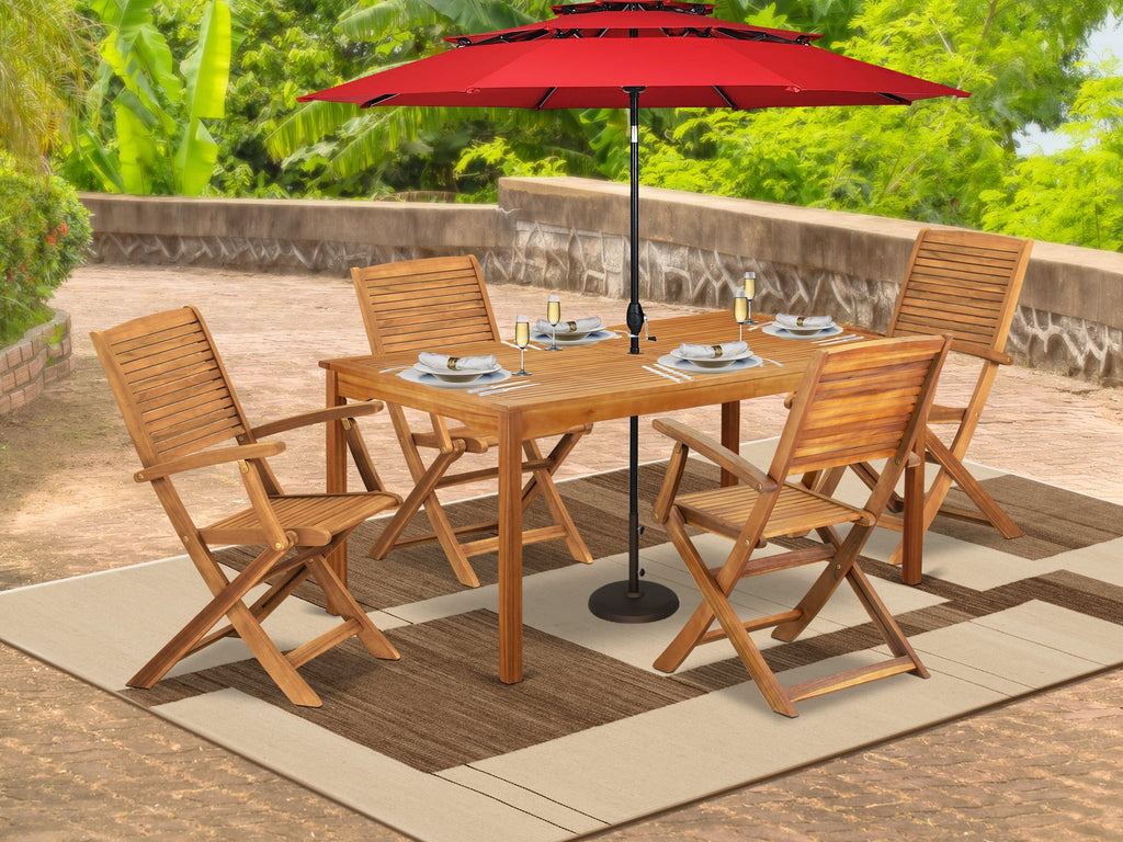 East West Furniture CMHD5CANA 5 Piece Patio Bistro Dining Furniture Set Contains a Rectangle Outdoor Acacia Wood Table and 4 Folding Arm Chairs, 36x66 Inch, Natural Oil