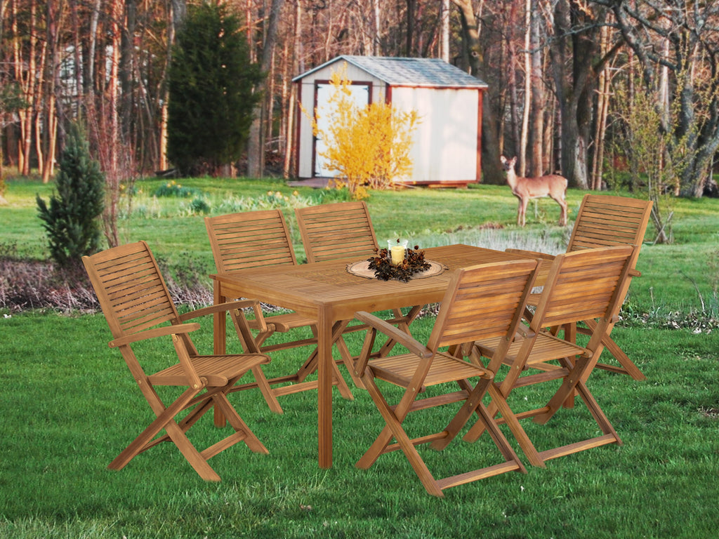 East West Furniture CMHD7CANA 7 Piece Outdoor Patio Dining Sets Includes a Rectangle Acacia Wood Table and 6 Folding Arm Chairs, 36x66 Inch, Natural Oil