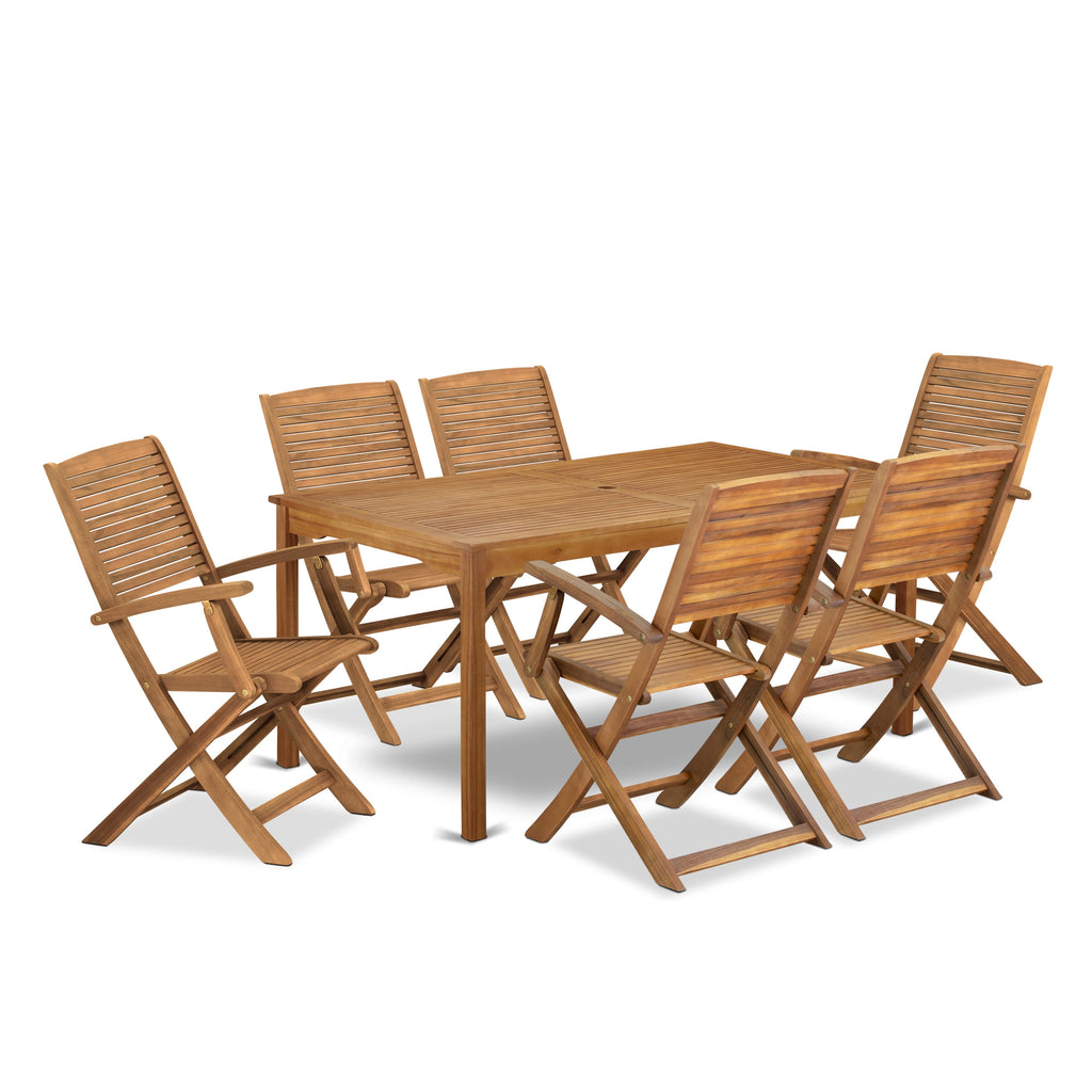 East West Furniture CMHD7CANA 7 Piece Outdoor Patio Dining Sets Includes a Rectangle Acacia Wood Table and 6 Folding Arm Chairs, 36x66 Inch, Natural Oil