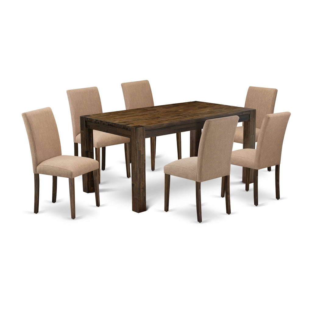 East West Furniture CNAB7-77-47 7 Piece Modern Dining Table Set Consist of a Rectangle Rustic Wood Wooden Table and 6 Light Sable Linen Fabric Upholstered Chairs, 36x60 Inch, Jacobean