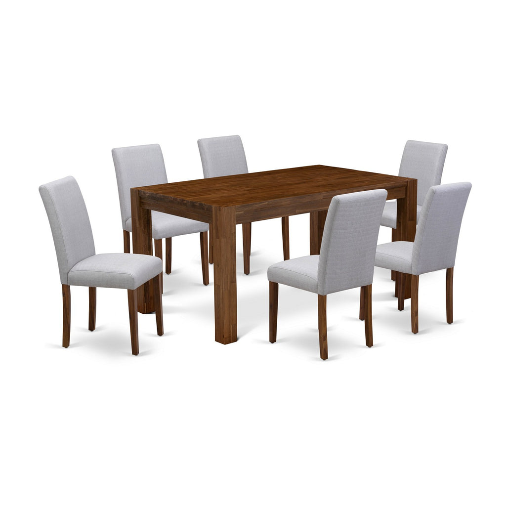 East West Furniture CNAB7-N8-05 7 Piece Dining Table Set Consist of a Rectangle Rustic Wood Kitchen Table and 6 Grey Linen Fabric Upholstered Parson Chairs, 36x60 Inch, Natural Walnut