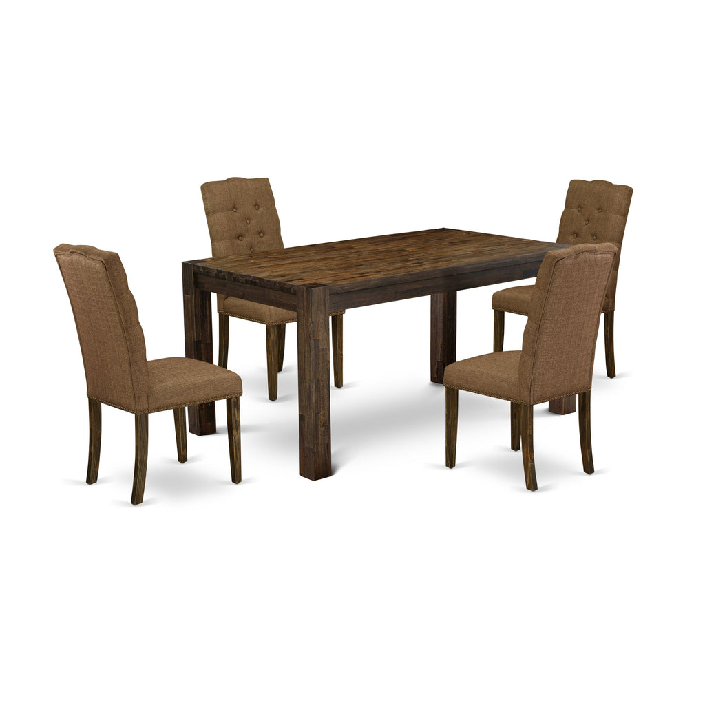 East West Furniture CNEL5-77-18 5 Piece Dining Set Includes a Rectangle Rustic Wood Dining Room Table and 4 Brown Linen Linen Fabric Upholstered Parson Chairs, 36x60 Inch, Jacobean