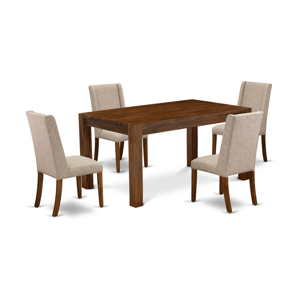 East West Furniture CNFL5-N8-04 5 Piece Dining Set Includes a Rectangle Rustic Wood Dining Room Table and 4 Light Tan Linen Fabric Upholstered Parson Chairs, 36x60 Inch, Natural