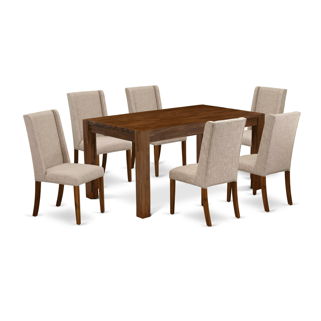East West Furniture CNFL7-N8-04 7 Piece Dining Table Set Consist of a Rectangle Rustic Wood Kitchen Table and 6 Light Tan Linen Fabric Parson Dining Room Chairs, 36x60 Inch, Natural