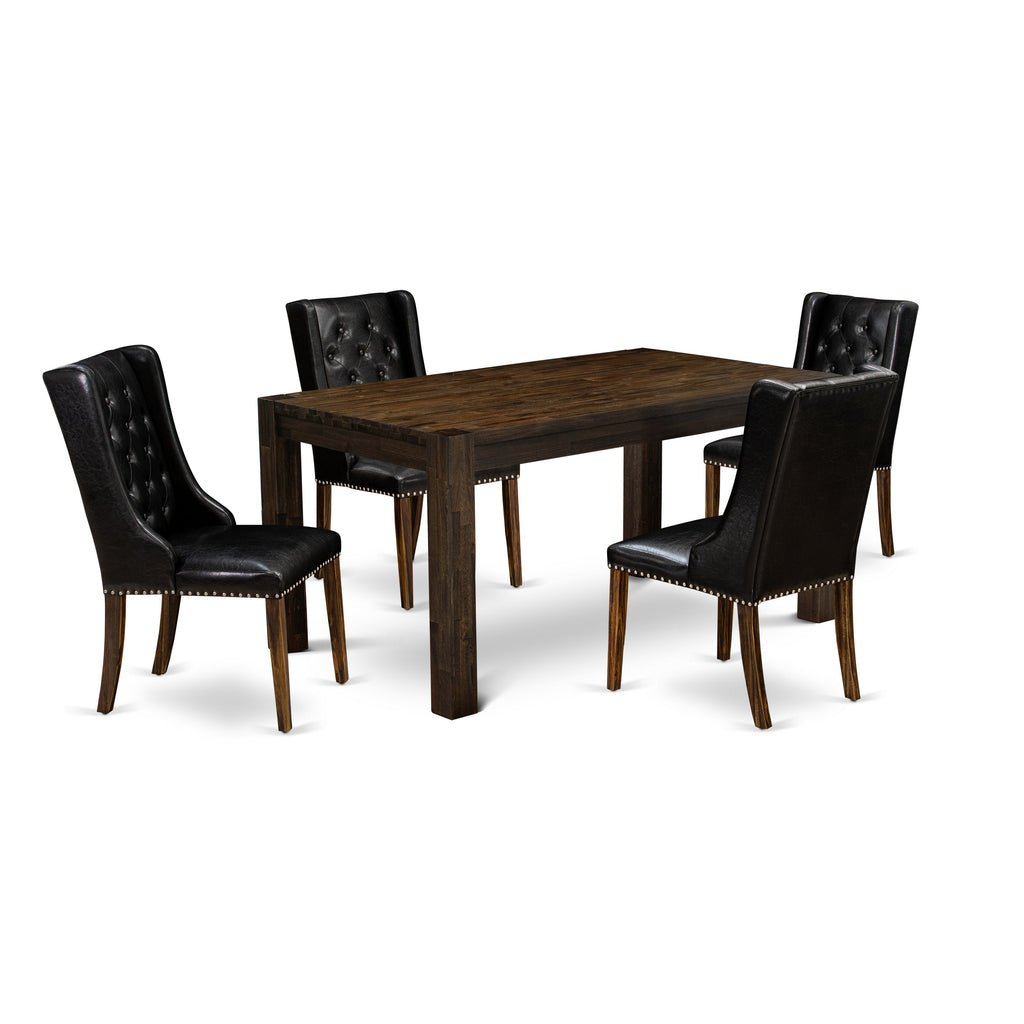 East West Furniture CNFO5-77-49 5 Piece Dinette Set for 4 Includes a Rectangle Rustic Wood Dining Room Table and 4 Black Faux Leather Upholstered Parson Chairs, 36x60 Inch, Jacobean