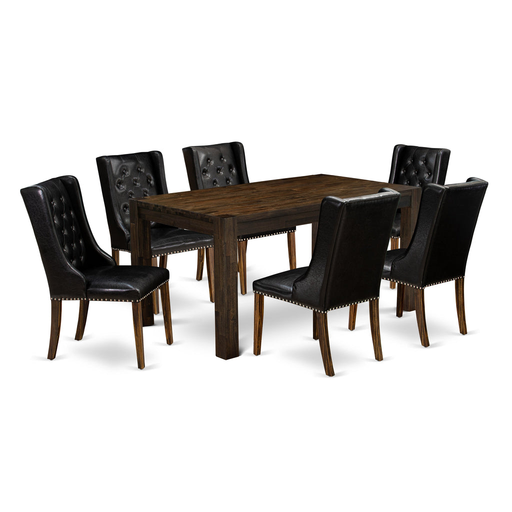 East West Furniture CNFO7-77-49 7 Piece Dining Room Furniture Set Consist of a Rectangle Rustic Wood Dining Table and 6 Black Faux Leather Upholstered Chairs, 36x60 Inch, Jacobean