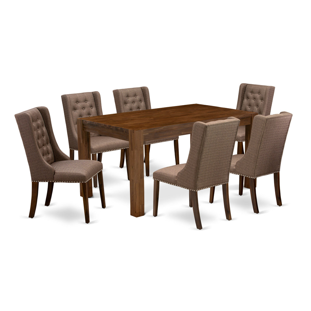 East West Furniture CNFO7-N8-18 7 Piece Modern Dining Table Set Consist of a Rectangle Rustic Wood Wooden Table and 6 Brown Linen Linen Fabric Parson Dining Chairs, 36x60 Inch, Natural