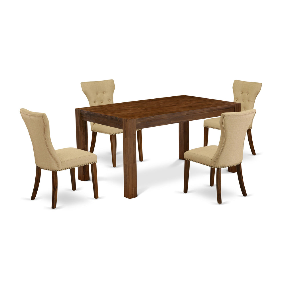 East West Furniture CNGA5-N8-03 5 Piece Modern Dining Table Set Includes a Rectangle Rustic Wood Wooden Table and 4 Brown Linen Fabric Upholstered Parson Chairs, 36x60 Inch, Natural