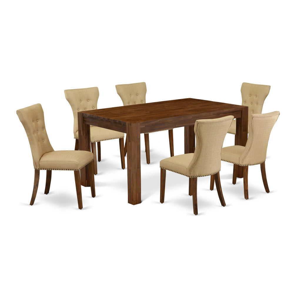 East West Furniture CNGA7-N8-03 7 Piece Kitchen Table & Chairs Set Consist of a Rectangle Rustic Wood Dining Room Table and 6 Brown Linen Fabric Parson Chairs, 36x60 Inch, Natural