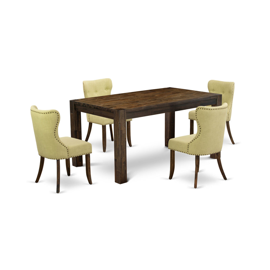 East West Furniture CNSI5-77-37 5 Piece Dining Room Furniture Set Includes a Rectangle Rustic Wood Dining Table and 4 Limelight Linen Fabric Upholstered Chairs, 36x60 Inch, Jacobean