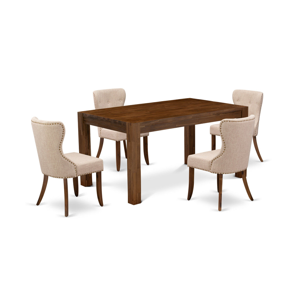 East West Furniture CNSI5-N8-04 5 Piece Kitchen Table & Chairs Set Includes a Rectangle Rustic Wood Dining Table and 4 Light Tan Linen Fabric Upholstered Chairs, 36x60 Inch, Natural