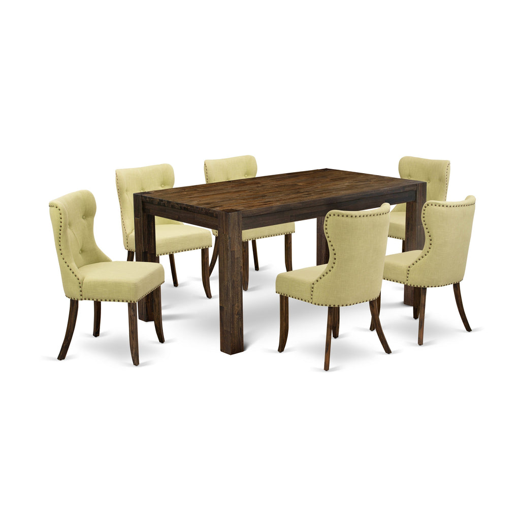 East West Furniture CNSI7-77-37 7 Piece Dining Set Consist of a Rectangle Rustic Wood Dining Room Table and 6 Limelight Linen Fabric Upholstered Parson Chairs, 36x60 Inch, Jacobean