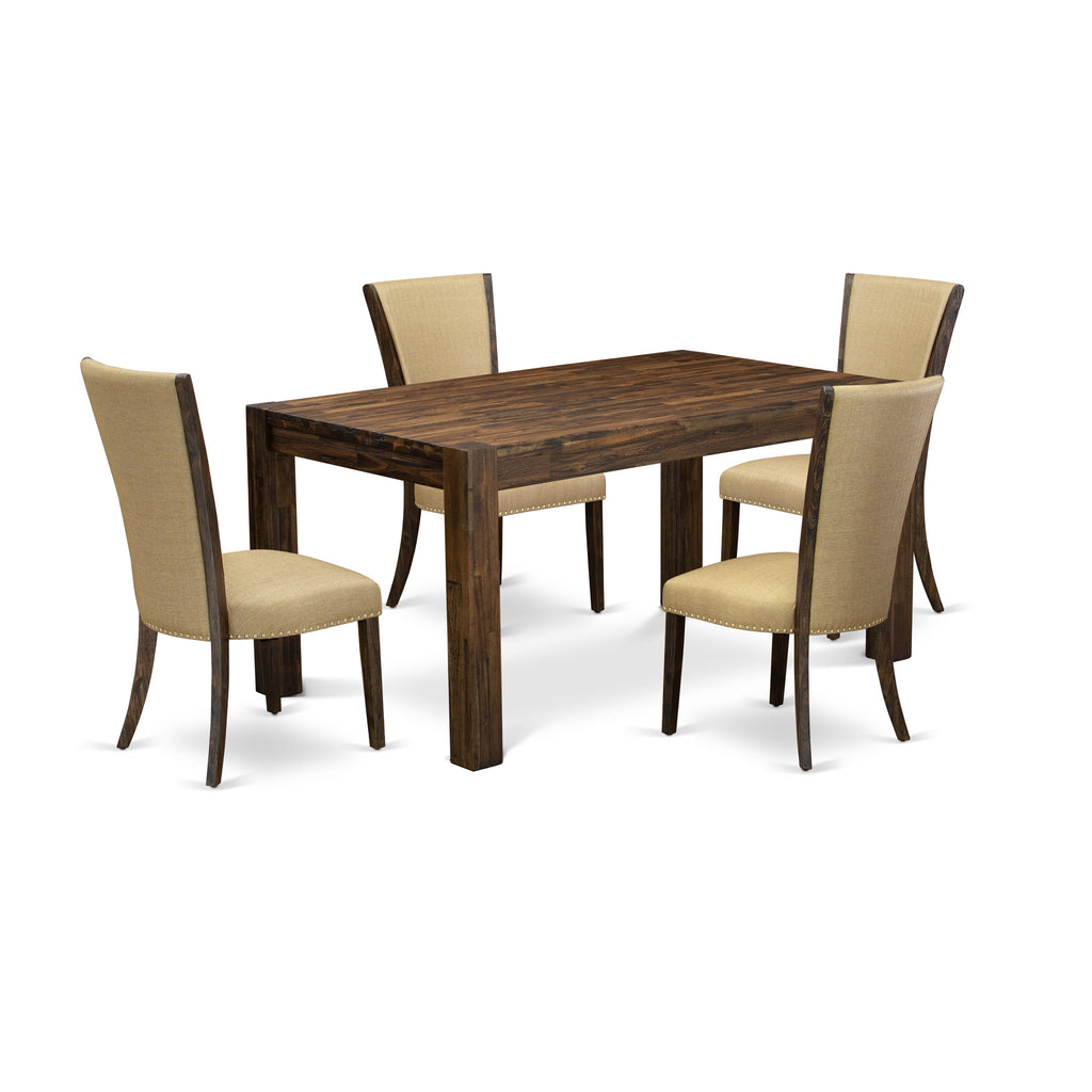 East West Furniture CNVE5-77-03 5 Piece Dining Room Furniture Set Includes a Rectangle Rustic Wood Dining Table and 4 Brown Linen Fabric Upholstered Chairs, 36x60 Inch, Jacobean