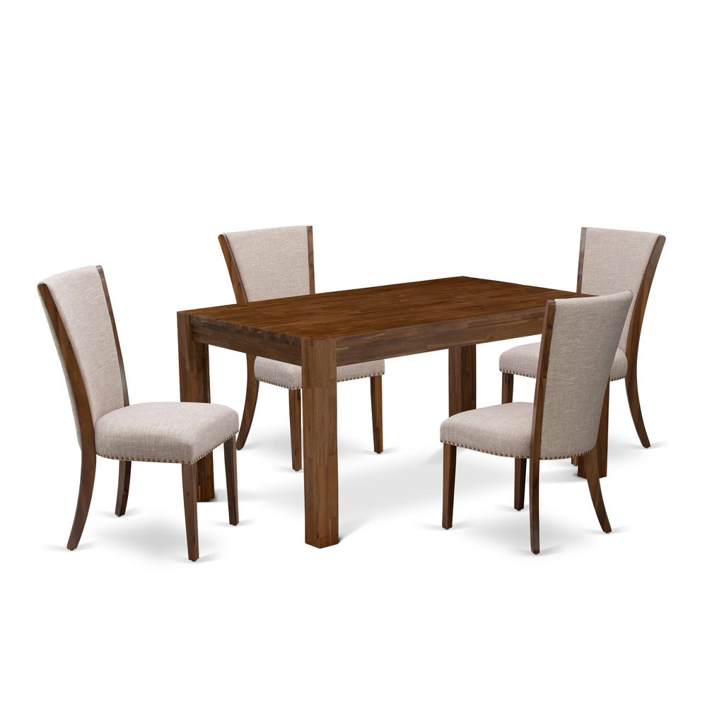 East West Furniture CNVE5-N8-04 5 Piece Kitchen Table Set for 4 Includes a Rectangle Rustic Wood Dining Table and 4 Light Tan Linen Fabric Parson Dining Chairs, 36x60 Inch, Natural