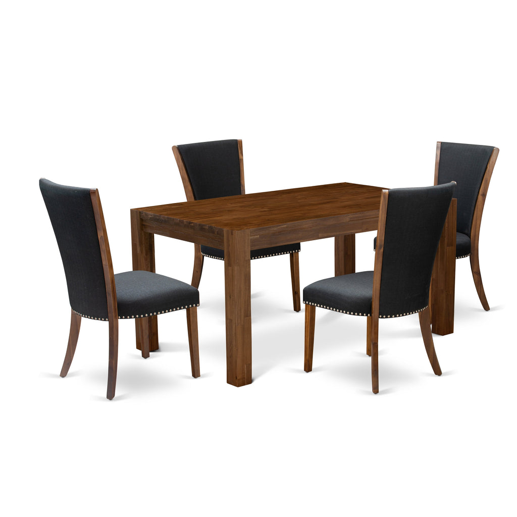 East West Furniture CNVE5-N8-24 5 Piece Modern Dining Table Set Includes a Rectangle Rustic Wood Wooden Table and 4 Black Color Linen Fabric Upholstered Chairs, 36x60 Inch, Natural