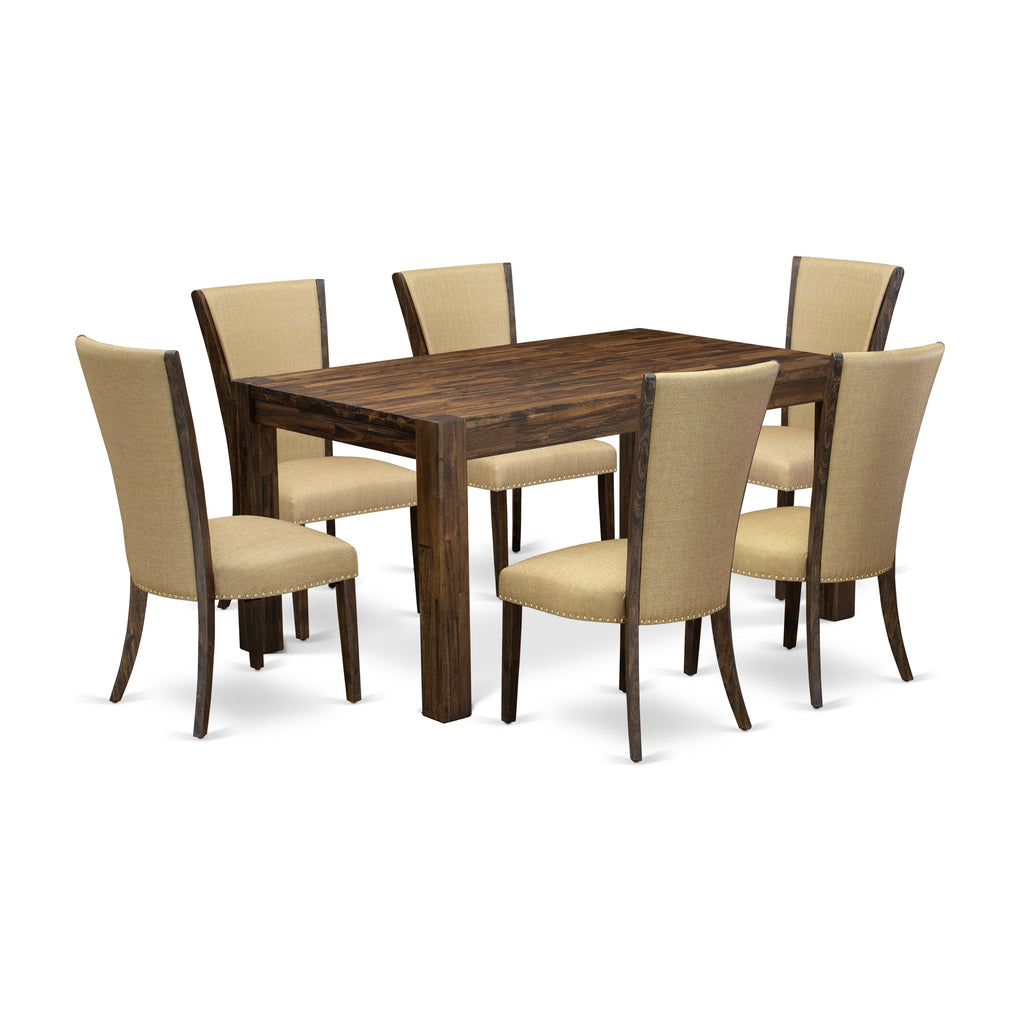 East West Furniture CNVE7-77-03 7 Piece Dining Set Consist of a Rectangle Rustic Wood Dining Room Table and 6 Brown Linen Fabric Upholstered Chairs, 36x60 Inch, Jacobean