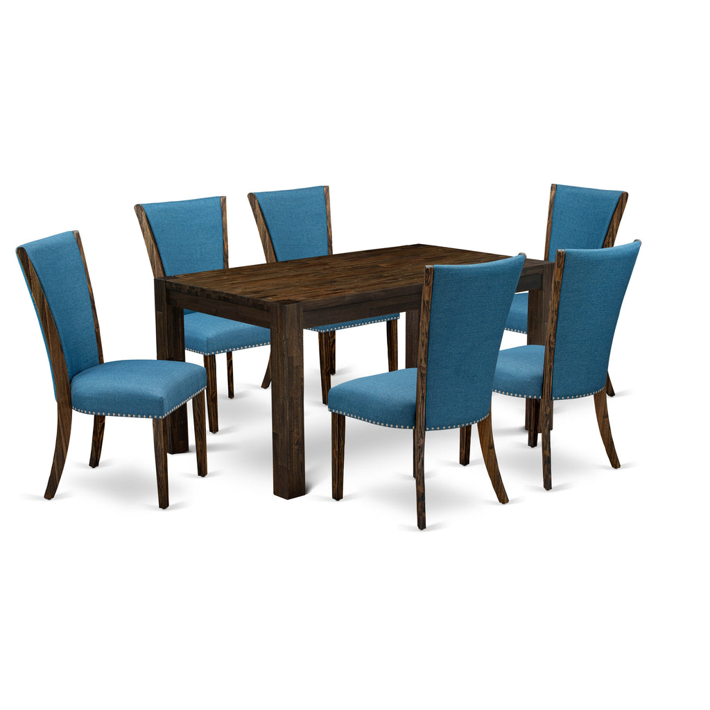 East West Furniture CNVE7-77-21 7 Piece Modern Dining Table Set Consist of a Rectangle Rustic Wood Wooden Table and 6 Blue Color Linen Fabric Upholstered Chairs, 36x60 Inch, Jacobean