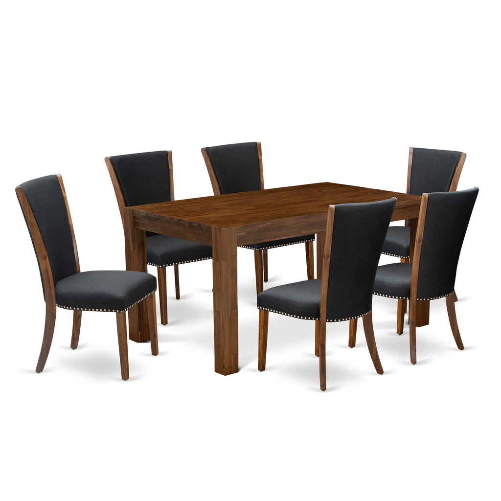 East West Furniture CNVE7-N8-24 7 Piece Dinette Set Consist of a Rectangle Rustic Wood Dining Room Table and 6 Black Color Linen Fabric Upholstered Chairs, 36x60 Inch, Natural