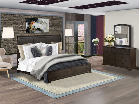 East West Furniture CO21-K00DM0 3 Pc King Bed Set with Modern Style Headboard Modern Bed Frame, Mid Century Dresser, and Wood Mirror - Wire Brushed Walnut Finish