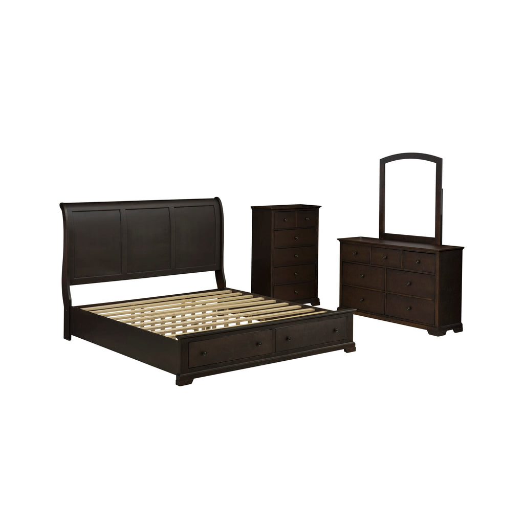 East West Furniture CO21-K00DMC Cordova 4 Pc Bedroom Set with Modern Style Headboard King Bed, Mid Century Modern Dresser, Framed Mirror, and Wooden Chest of Drawers - Wire Brushed Walnut Finish