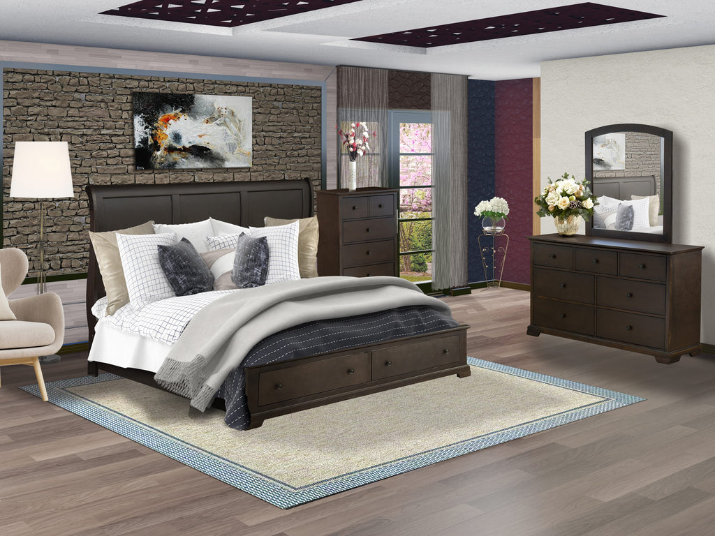 East West Furniture CO21-K00DMC Cordova 4 Pc Bedroom Set with Modern Style Headboard King Bed, Mid Century Modern Dresser, Framed Mirror, and Wooden Chest of Drawers - Wire Brushed Walnut Finish