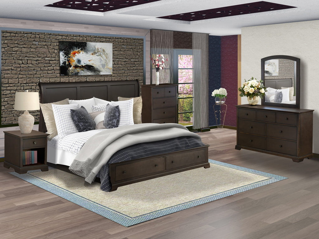 East West Furniture CO21-K1NDMC 5 Pc Bed Set with Modern Style Headboard King Platform Bed, Small Dresser, Bathroom Wall Mirror, Chest for Bedroom and 1 Side Table - Wire Brushed Walnut Finish