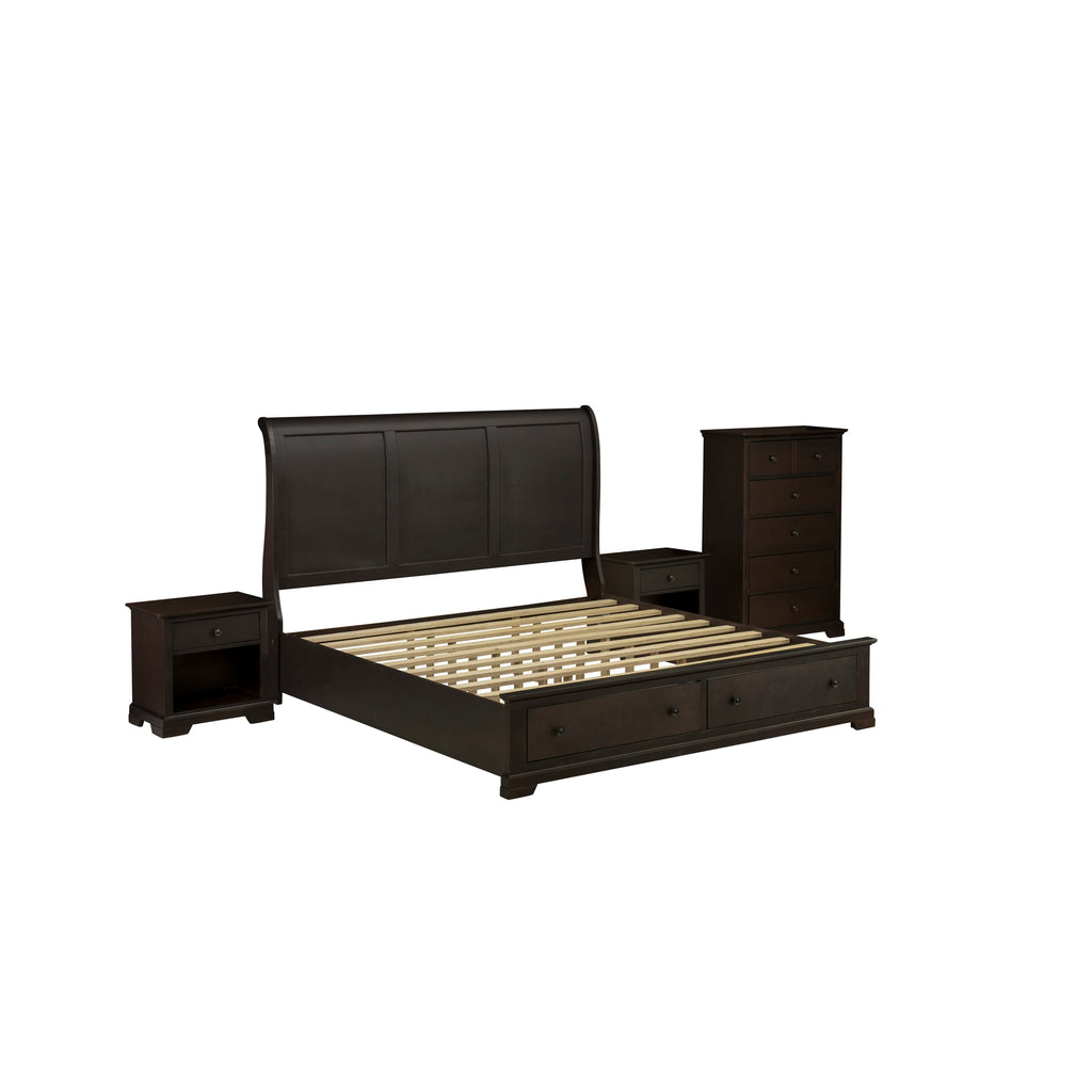 East West Furniture CO21-K2N00C 4 Pc King Size Bed Set with Luxurious Style Headboard King Bed Frame, Drawer Chest and 2 Bed Side Tables - Wire Brushed Walnut Finish