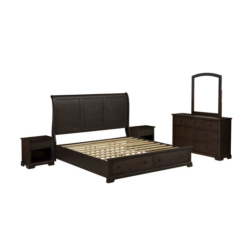 East West Furniture CO21-K2NDM0 5 Piece Bedroom Furniture Set with Modern Style Headboard Wood Bed Frame, Small Dresser, Makeup Mirror, and 2 Side Tables with Storage - Wire Brushed Walnut Finish