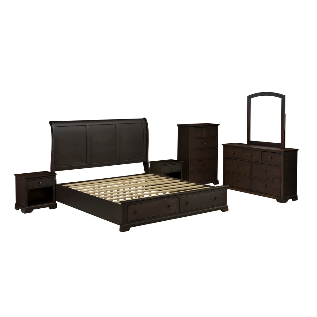 East West Furniture CO21-K2NDMC 6 Pc Bed Set with Modern Style Headboard King Platform Bed, Wooden Dresser, Mirror for Bedroom Wall, Chest of Drawer and 2 End Tables - Wire Brushed Walnut Finish