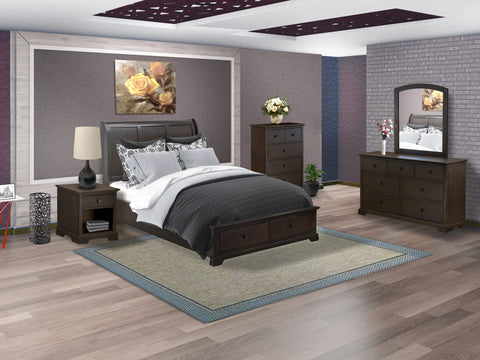 East West Furniture CO21-Q1NDMC Cordova 5-Pc Bedroom Set Consists of a Wooden Queen Bed, Modern Dresser, Bedroom Mirror, Wooden Chest and a Nightstand - Wire Brushed Walnut Finish