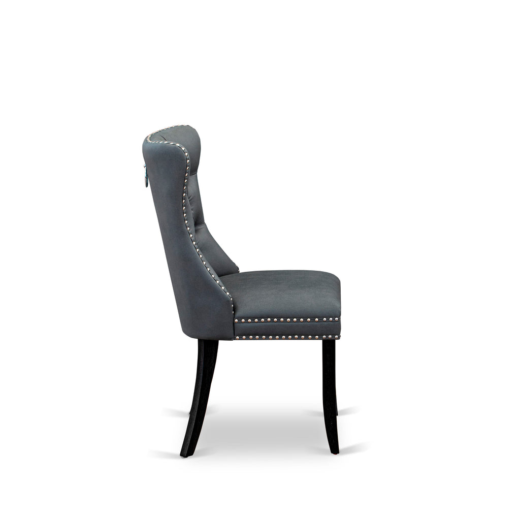 East West Furniture DAP6F13 Dallas Parsons Dining Chairs - Button Tufted Nailhead Trim Platinum Gray faux Leather Padded Chairs, Set of 2, Wirebrushed Black