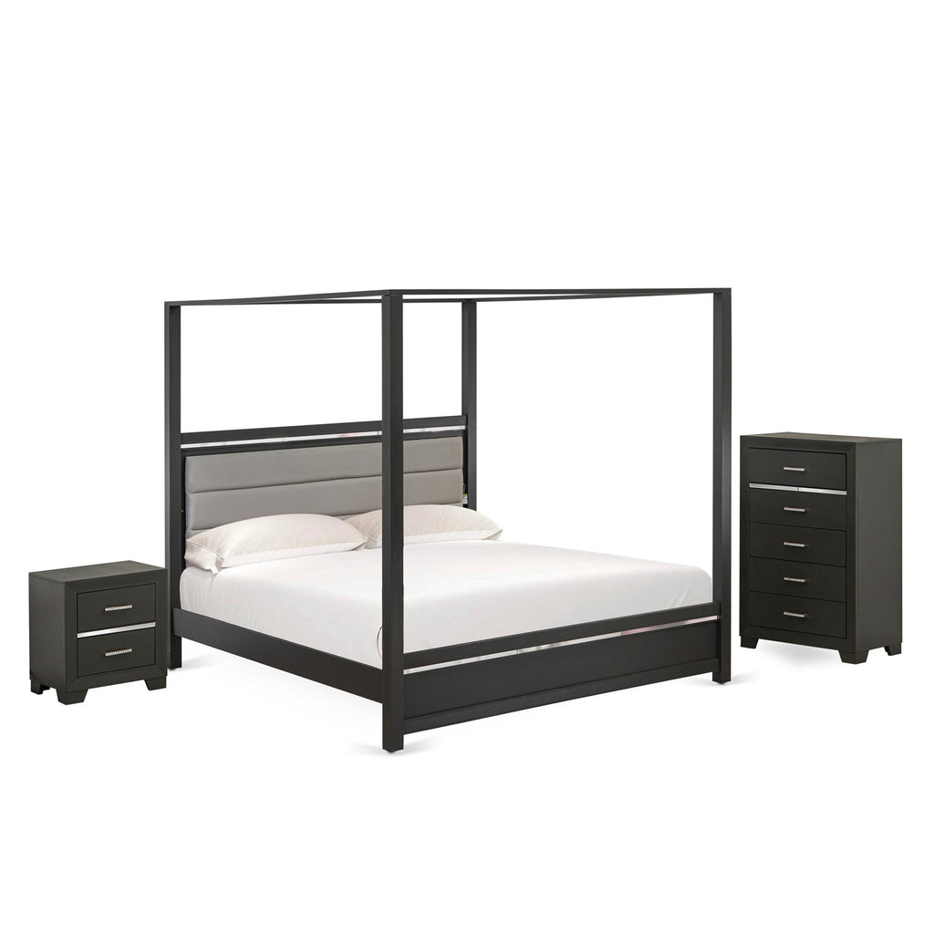 East West Furniture DE20-K1N00C 3 Piece King Bedroom Set with 1 full Bed Frame, 1 Bedroom Nightstand, and a Chest with Drawers - Brushed Gray Finish