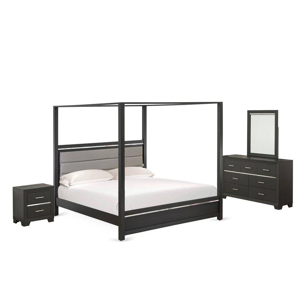 East West Furniture DE20-K1NDM0 4 Piece Bedroom Set contain 1 King Bed Frame, 1 Night Stand, 1 Bedroom Dresser and a Large Mirror - Brushed Gray Finish
