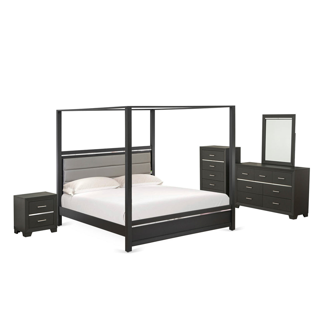 East West Furniture DE20-K1NDMC 5 Piece King Bed Set with 1 King Size Bed, 1 Nightstand, 1 Dresser Drawer, 1 Mirror and a Drawers Chest - Brushed Gray Finish