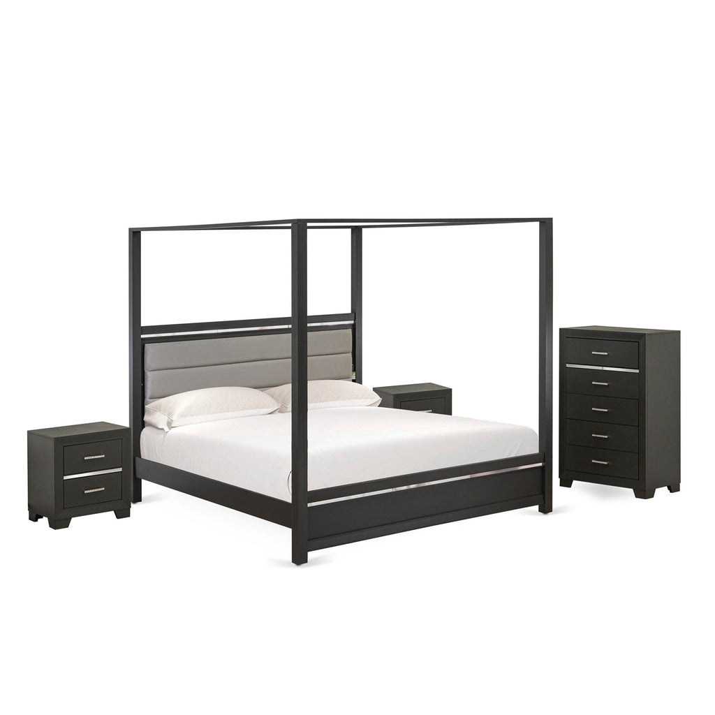 East West Furniture DE20-K2N00C 4 Piece King Bedroom Set with 1 Full Bed Frame, 2 Nightstands, and a Chest - Brushed Gray Finish