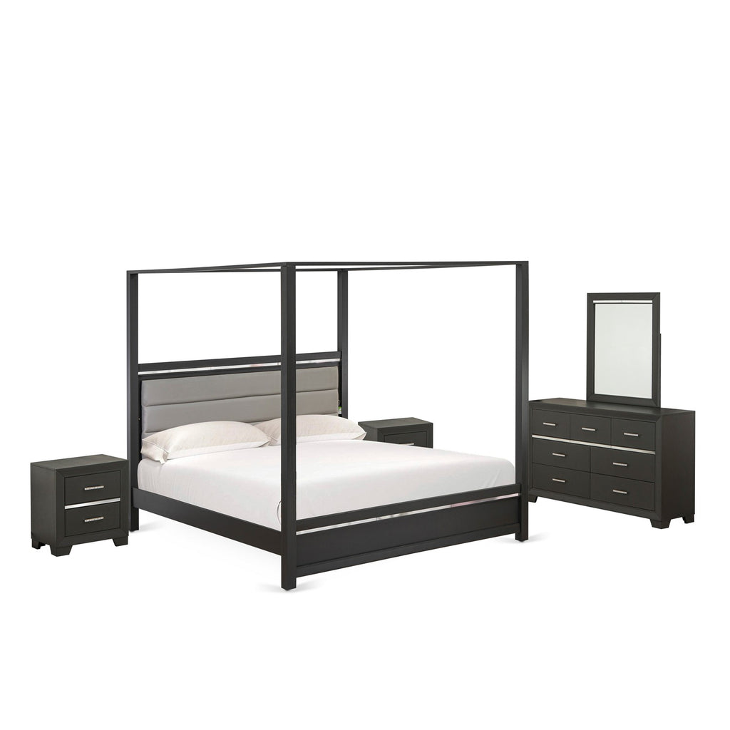 East West Furniture DE20-K2NDM0 5 Piece King Size Bedroom Set with 1 King Size Bed Frame, 2 Nightstands, 1 Drawer Dresser, and a Large Mirror - Brushed Gray Finish