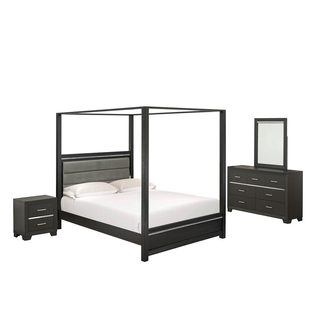 East West Furniture DE20-Q1NDM0 4-Piece Denali bedroom set - A Modern Bed Frame, Small Nightstand, Rectangular Mirror, and a Bedroom Dresser - brushed gray Finish