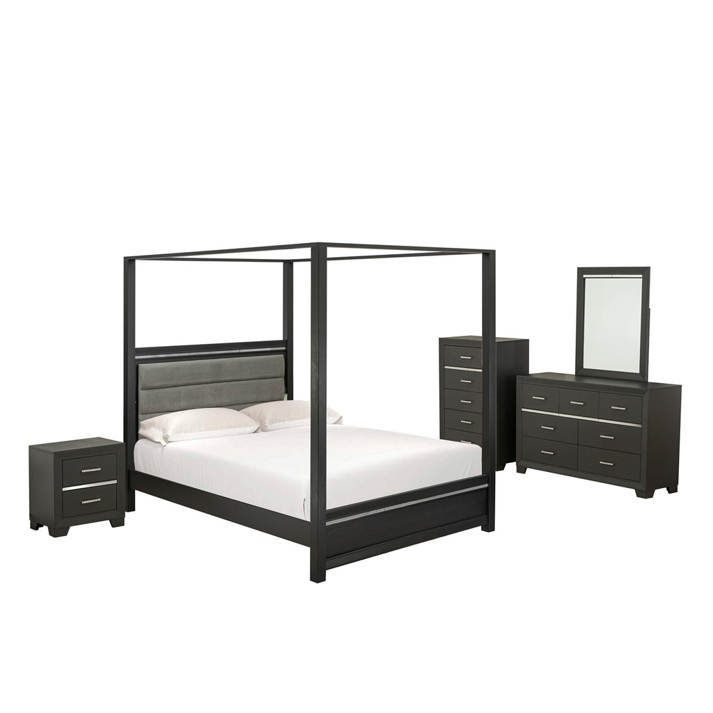 East West Furniture DE20-Q1NDMC 5-Piece Denali Wood Bedroom Set with a Queen Size Bed, Wood Nightstand, Bedroom Mirror, Drawers Chest , and a Bedroom Dresser - brushed gray Finish