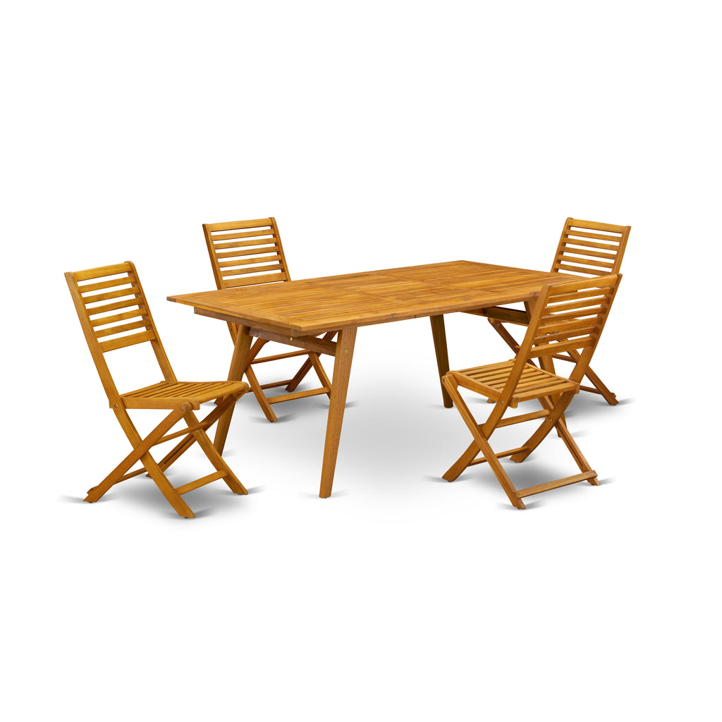 East West Furniture DEBS5CWNA 5 Piece Outdoor Patio Dining Sets Includes a Rectangle Acacia Wood Table and 4 Folding Side Chairs, 40x72 Inch, Natural Oil