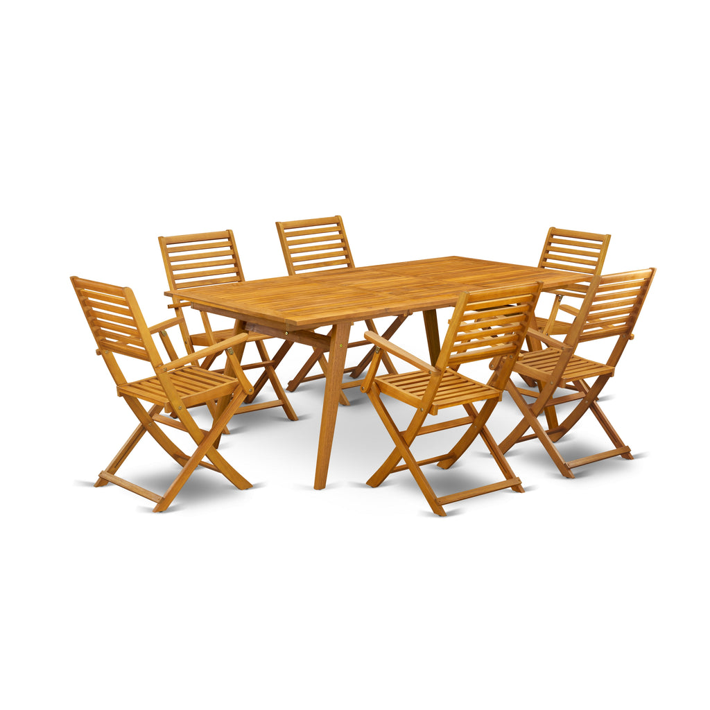 East West Furniture DEBS7CANA 7 Piece Patio Dining Set Consist of a Rectangle Outdoor Acacia Wood Table and 6 Folding Arm Chairs, 40x72 Inch, Natural Oil