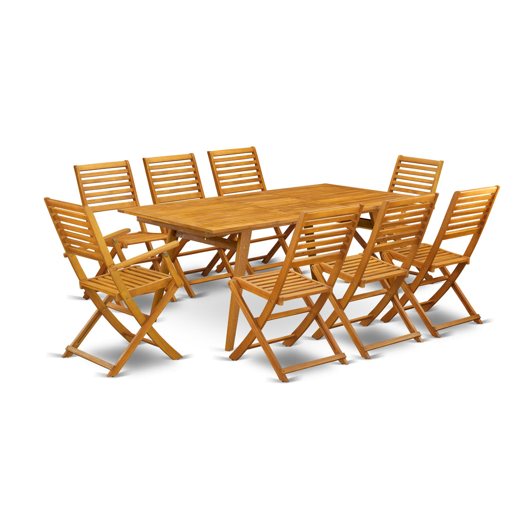 East West Furniture DEBS92CANA 9 Piece Outdoor Patio Dining Sets Includes a Rectangle Acacia Wood Table and 2 Folding Arm Chairs with 6 Side Chairs, 40x72 Inch, Natural Oil