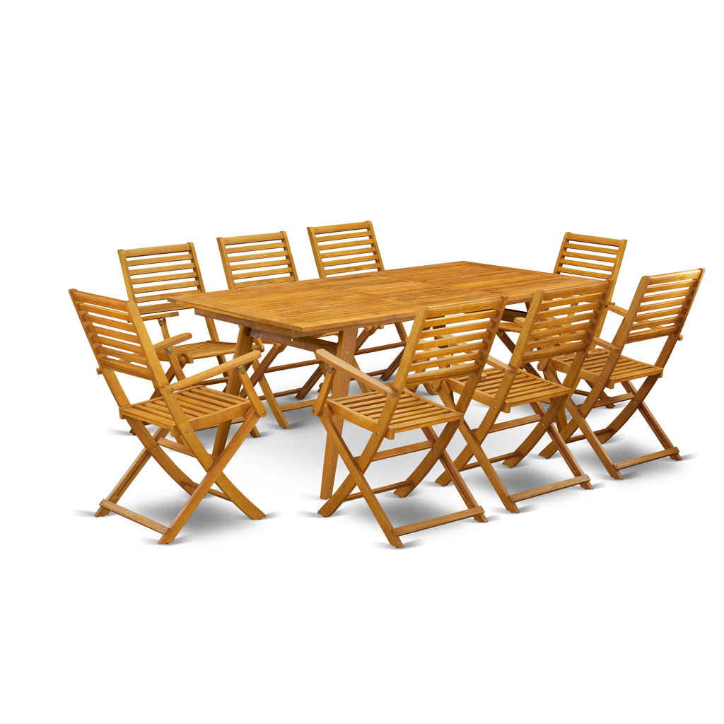 East West Furniture DEBS9CANA 9 Piece Patio Garden Table Set Includes a Rectangle Outdoor Acacia Wood Dining Table and 8 Folding Arm Chairs, 40x72 Inch, Natural Oil