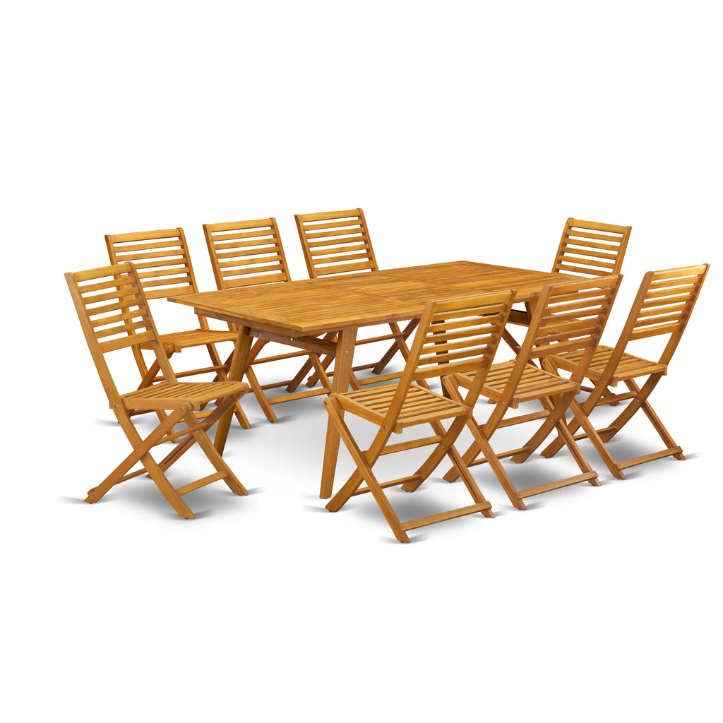 East West Furniture DEBS9CWNA 9 Piece Outdoor Patio Dining Sets Includes a Rectangle Acacia Wood Table and 8 Folding Side Chairs, 40x72 Inch, Natural Oil