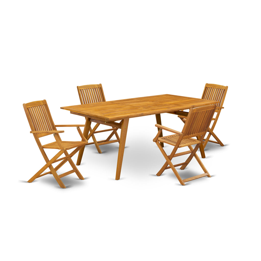 East West Furniture DECM5CANA 5 Piece Patio Dining Set Includes a Rectangle Outdoor Acacia Wood Table and 4 Folding Arm Chairs, 40x72 Inch, Natural Oil