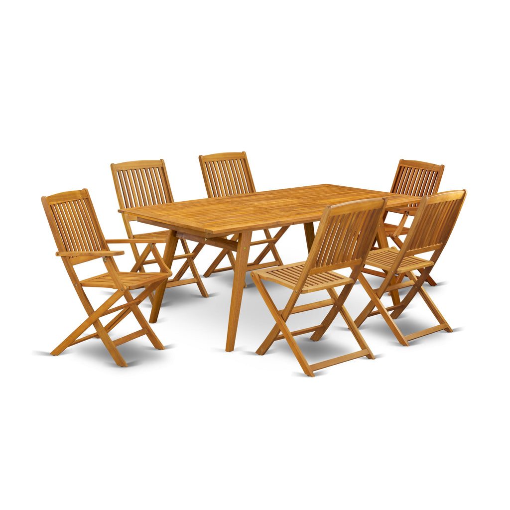 East West Furniture DECM72CANA 7 Piece Patio Dining Set Consist of a Rectangle Outdoor Acacia Wood Table and 2 Folding Arm Chairs with 4 Side Chairs, 40x72 Inch, Natural Oil