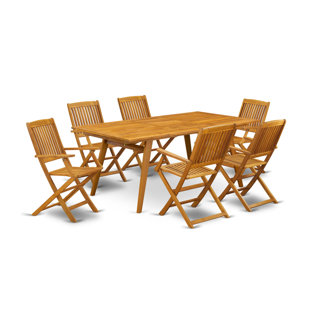 East West Furniture DECM7CANA 7 Piece Patio Dining Set Consist of a Rectangle Outdoor Acacia Wood Table and 6 Folding Arm Chairs, 40x72 Inch, Natural Oil