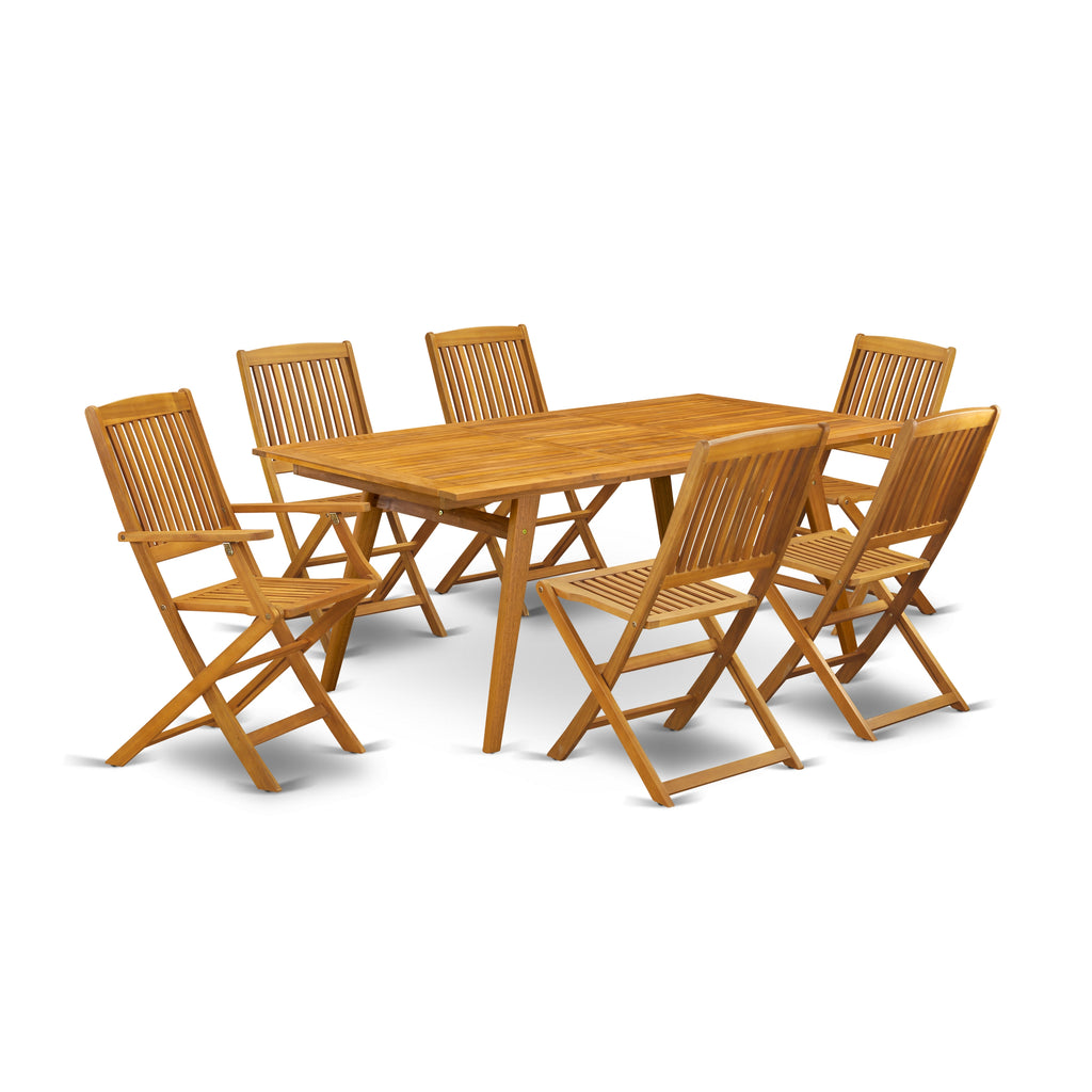 East West Furniture DECM7CWNA 7 Piece Patio Garden Table Set Consist of a Rectangle Outdoor Acacia Wood Dining Table and 6 Folding Side Chairs, 40x72 Inch, Natural Oil