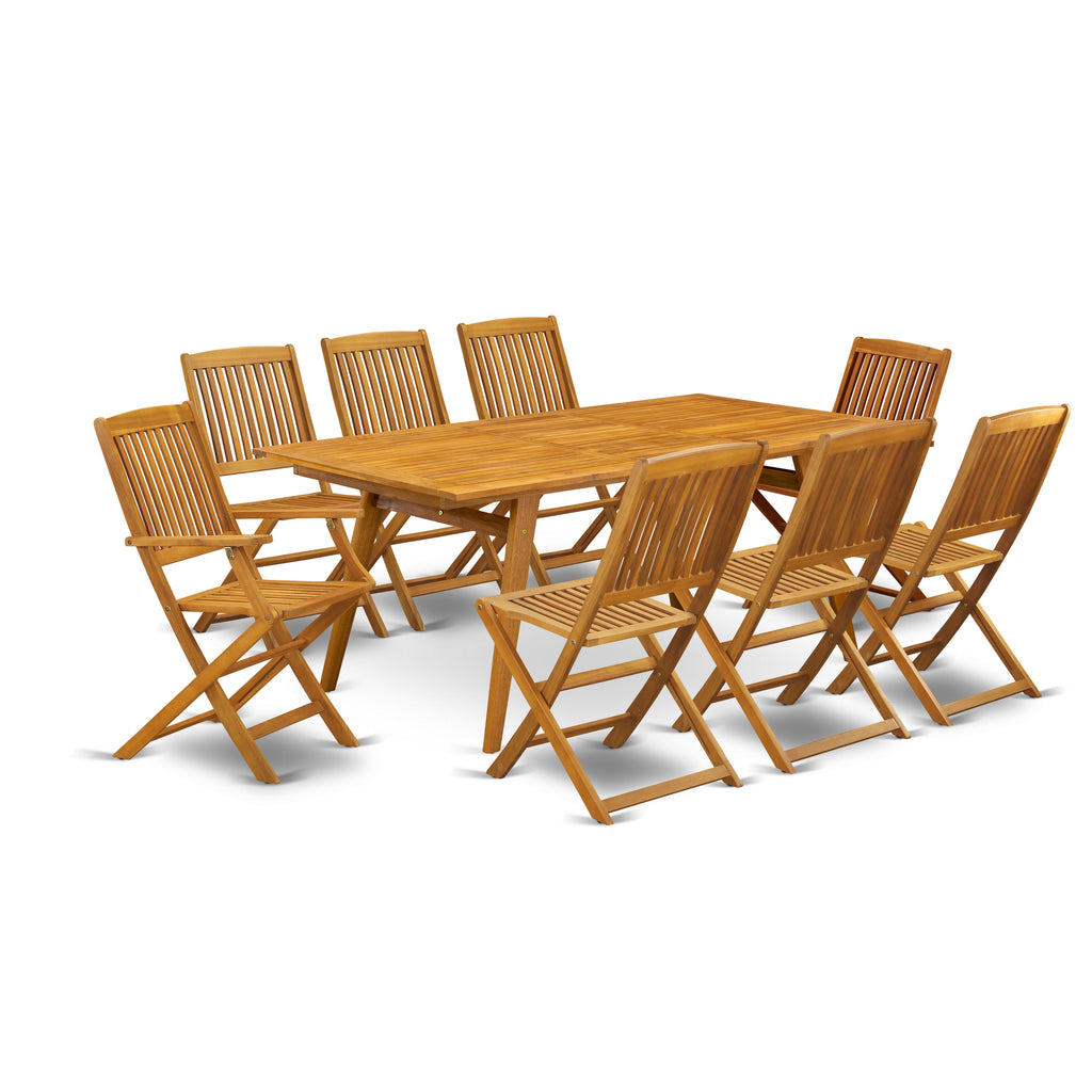 East West Furniture DECM92CANA 9 Piece Patio Garden Table Set Includes a Rectangle Outdoor Acacia Wood Dining Table and 2 Folding Arm Chairs with 6 Side Chairs, 40x72 Inch, Natural Oil