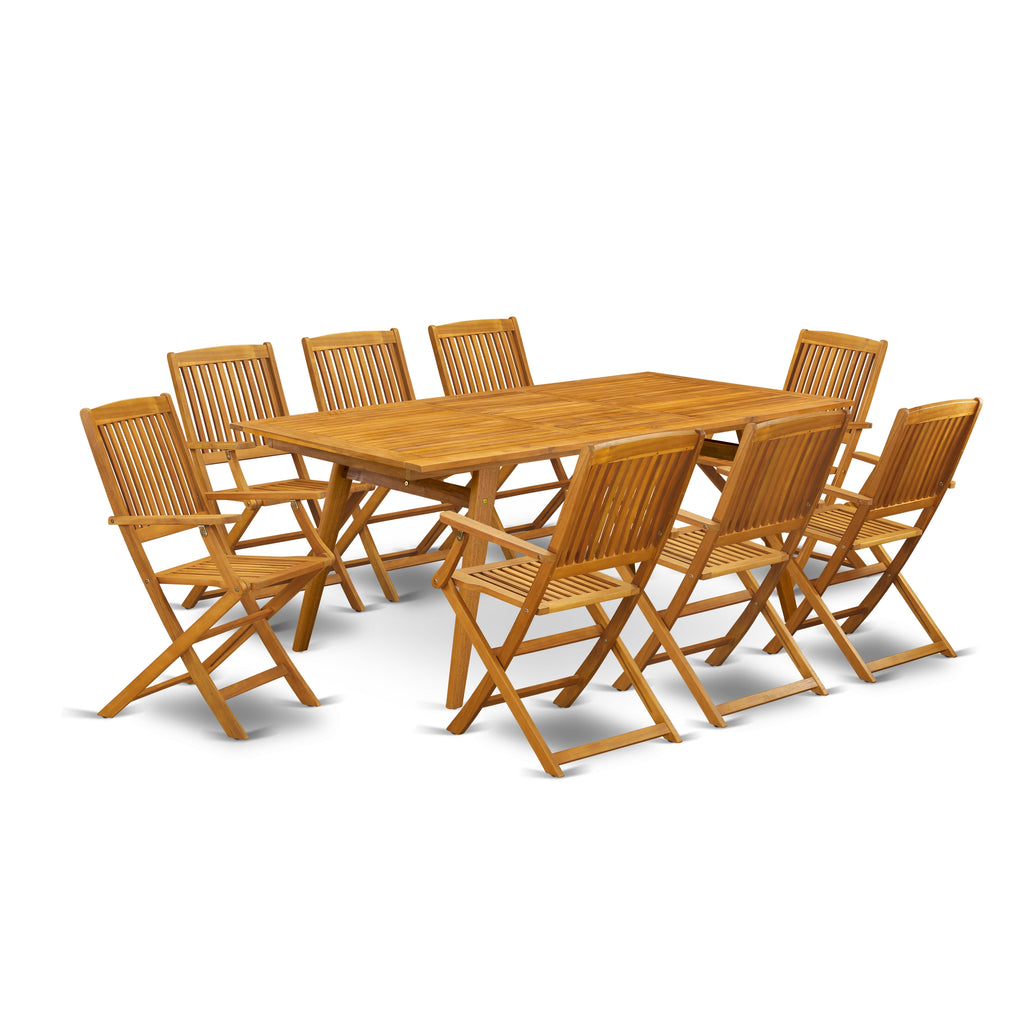 East West Furniture DECM9CANA 9 Piece Patio Bistro Dining Furniture Set Includes a Rectangle Outdoor Acacia Wood Table and 8 Folding Arm Chairs, 40x72 Inch, Natural Oil