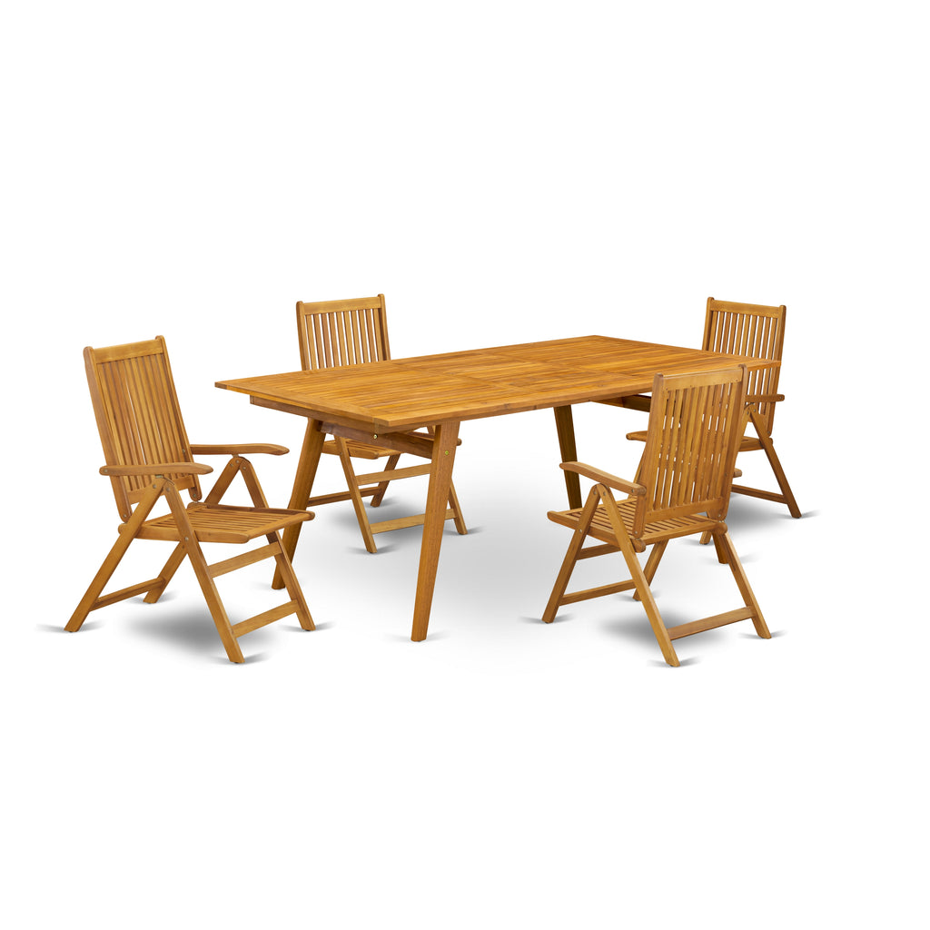 East West Furniture DECN5C5NA 5 Piece Outdoor Patio Dining Sets Includes a Rectangle Acacia Wood Table and 4 Folding Adjustable Arm Chairs, 40x72 Inch, Natural Oil